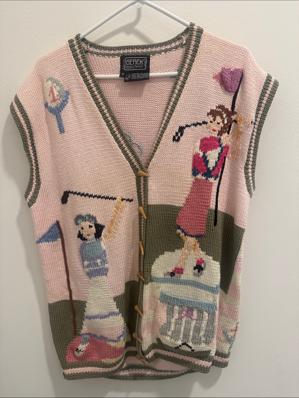 Vintage berek Pink & Olive Golf-Scene Knit Sweater Vest - hand knitted